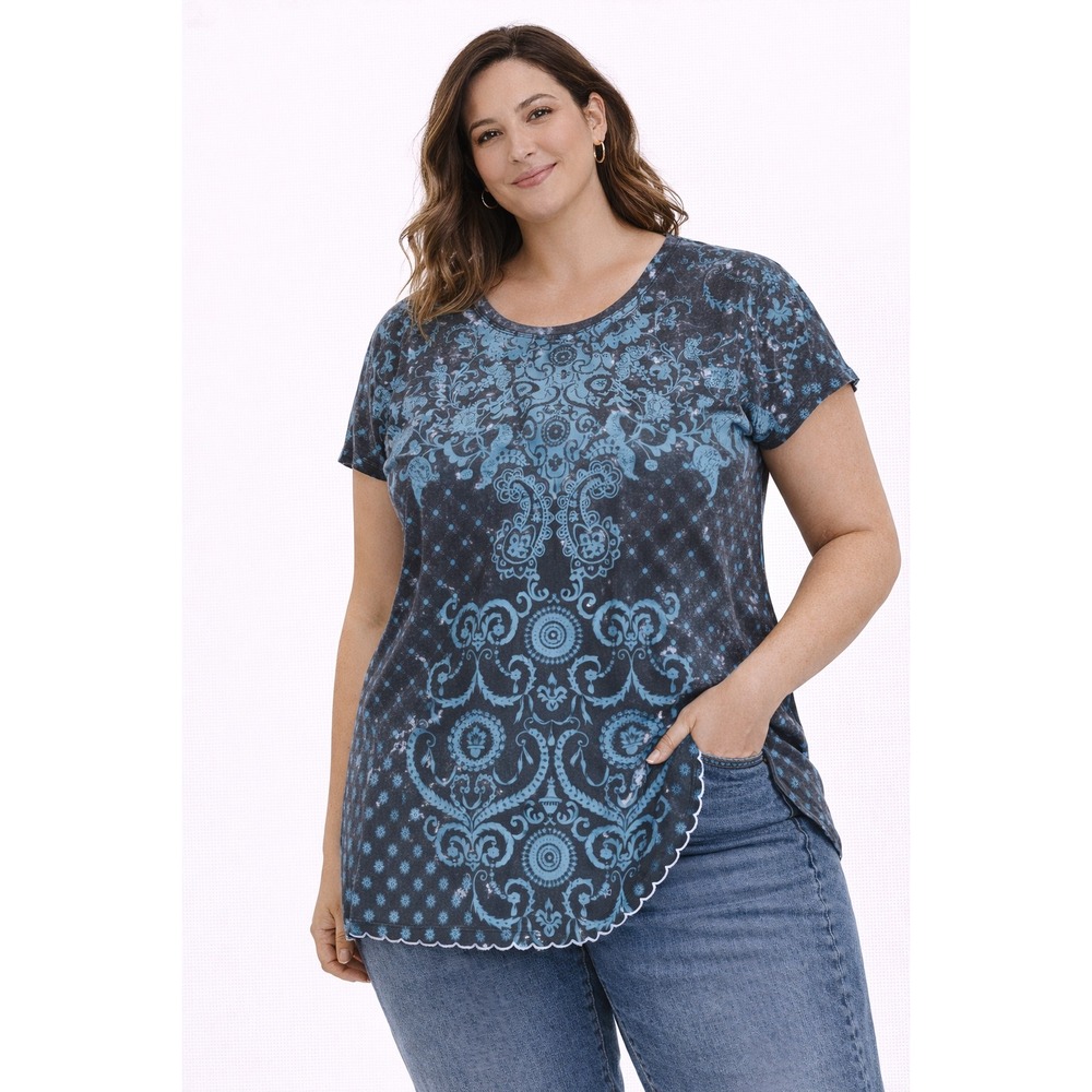 G Girl Graphic Tee Women Medium Grey Blue Filigree Paisley Ornate Boho Top‎